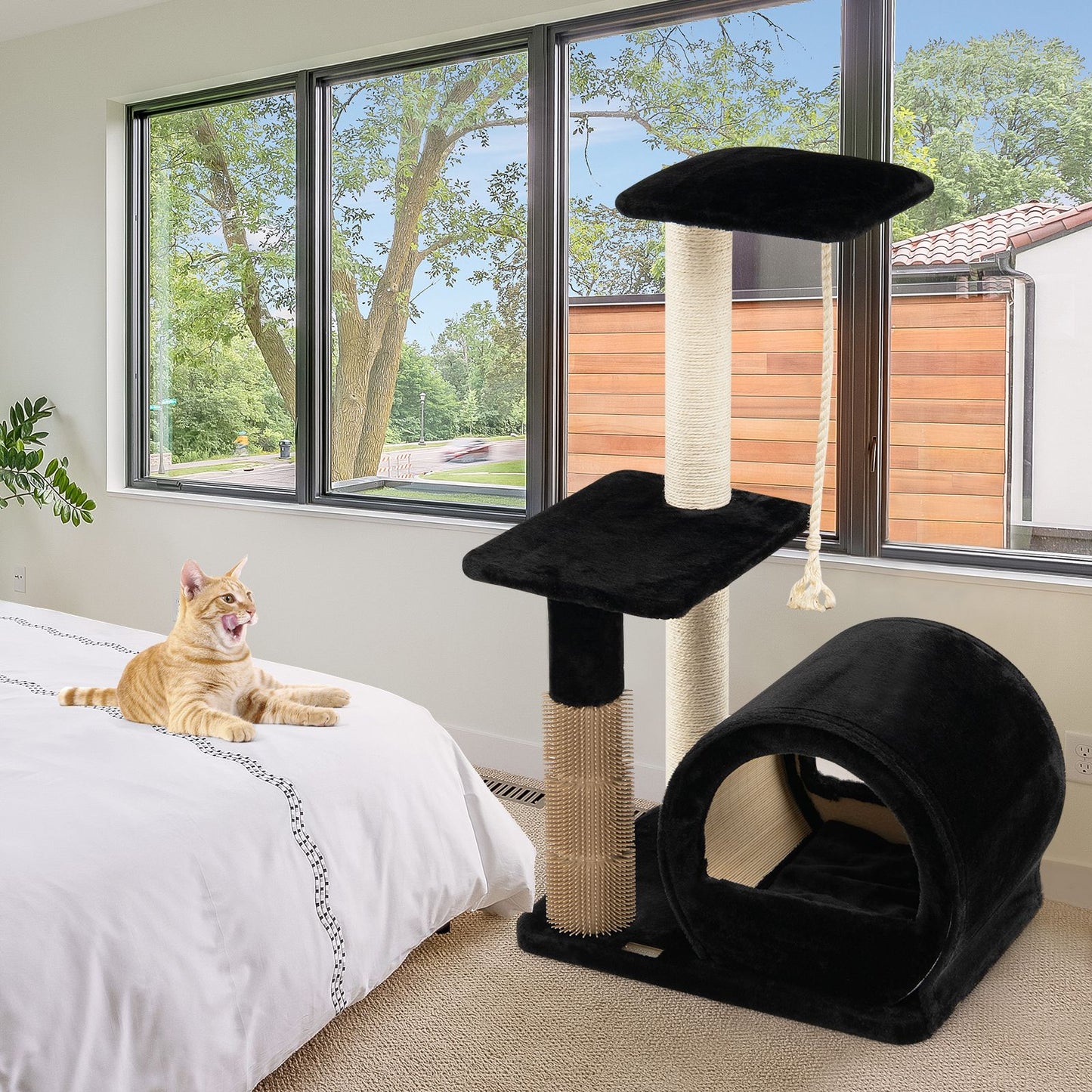 Multi-Level Kitty Condo Climbing Tower with Groom Brush and Sisal Rope