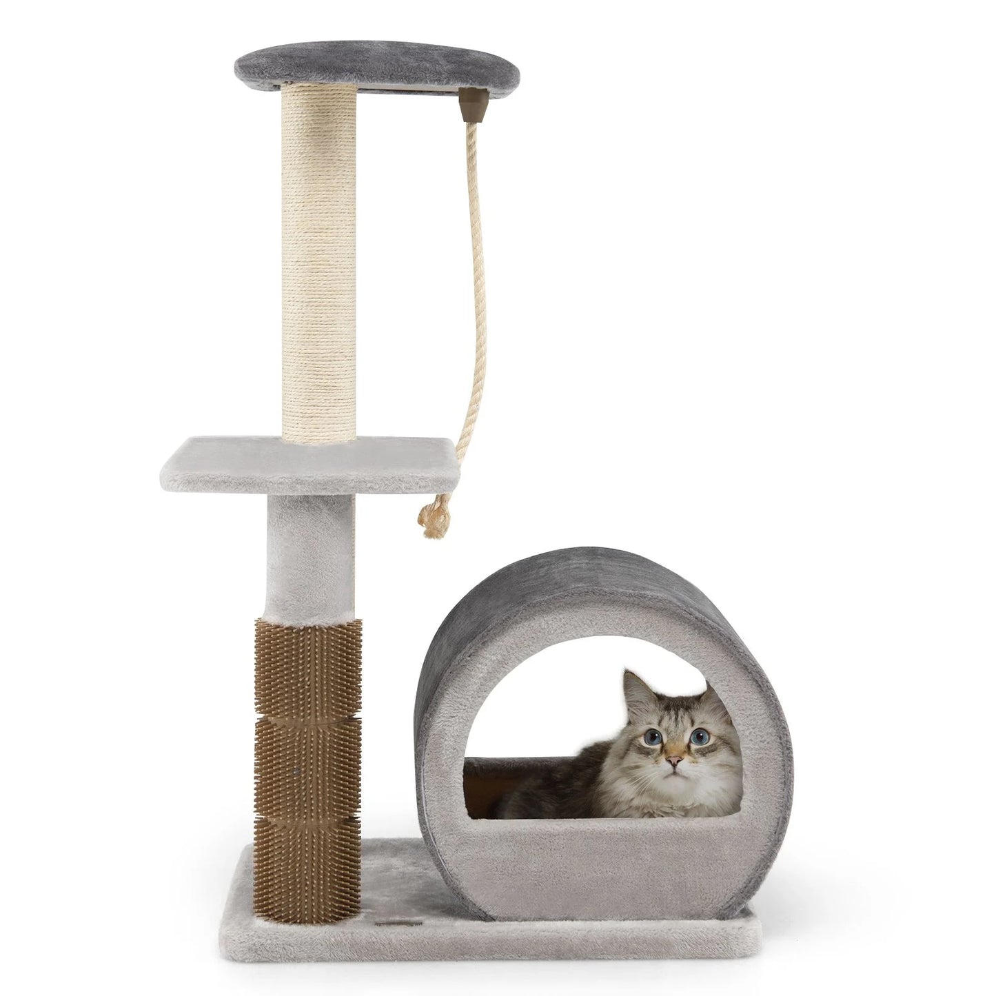 Multi-Level Kitty Condo Climbing Tower with Groom Brush and Sisal Rope
