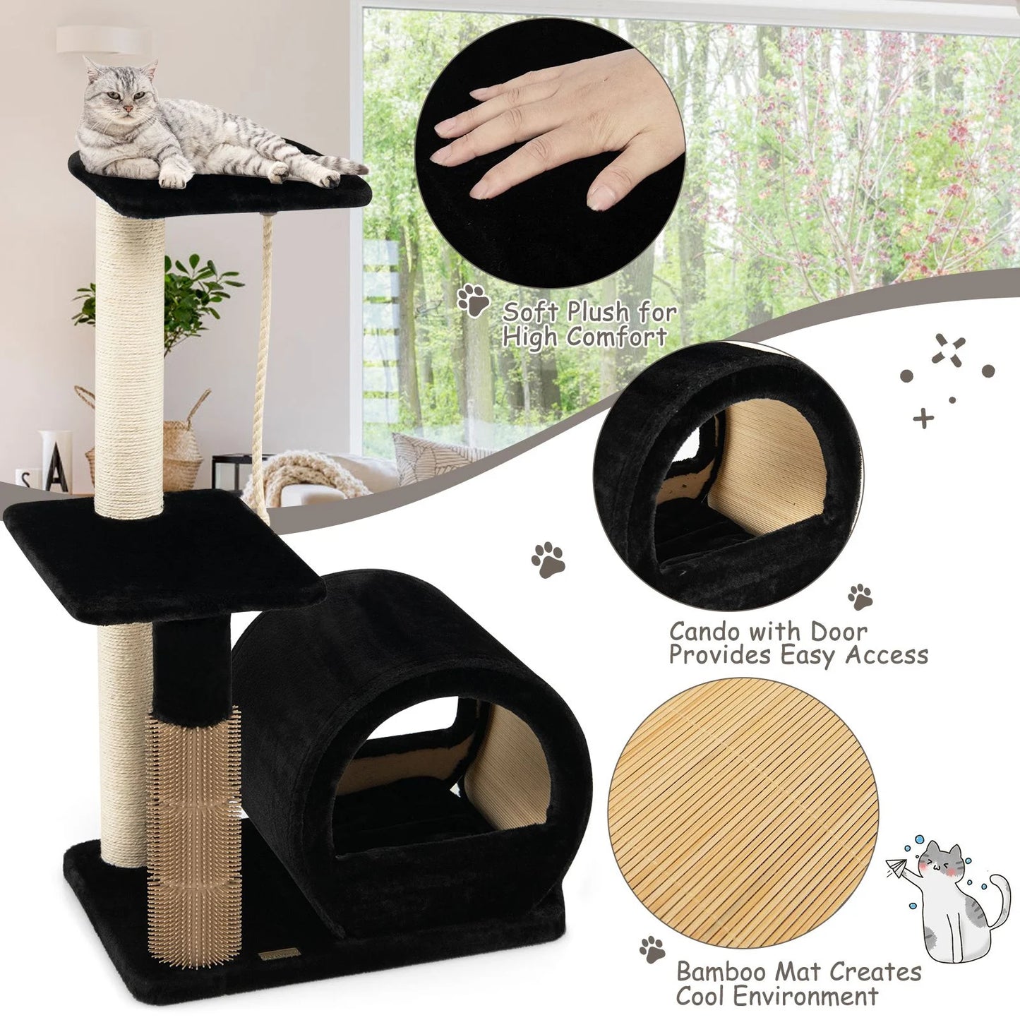 Multi-Level Kitty Condo Climbing Tower with Groom Brush and Sisal Rope