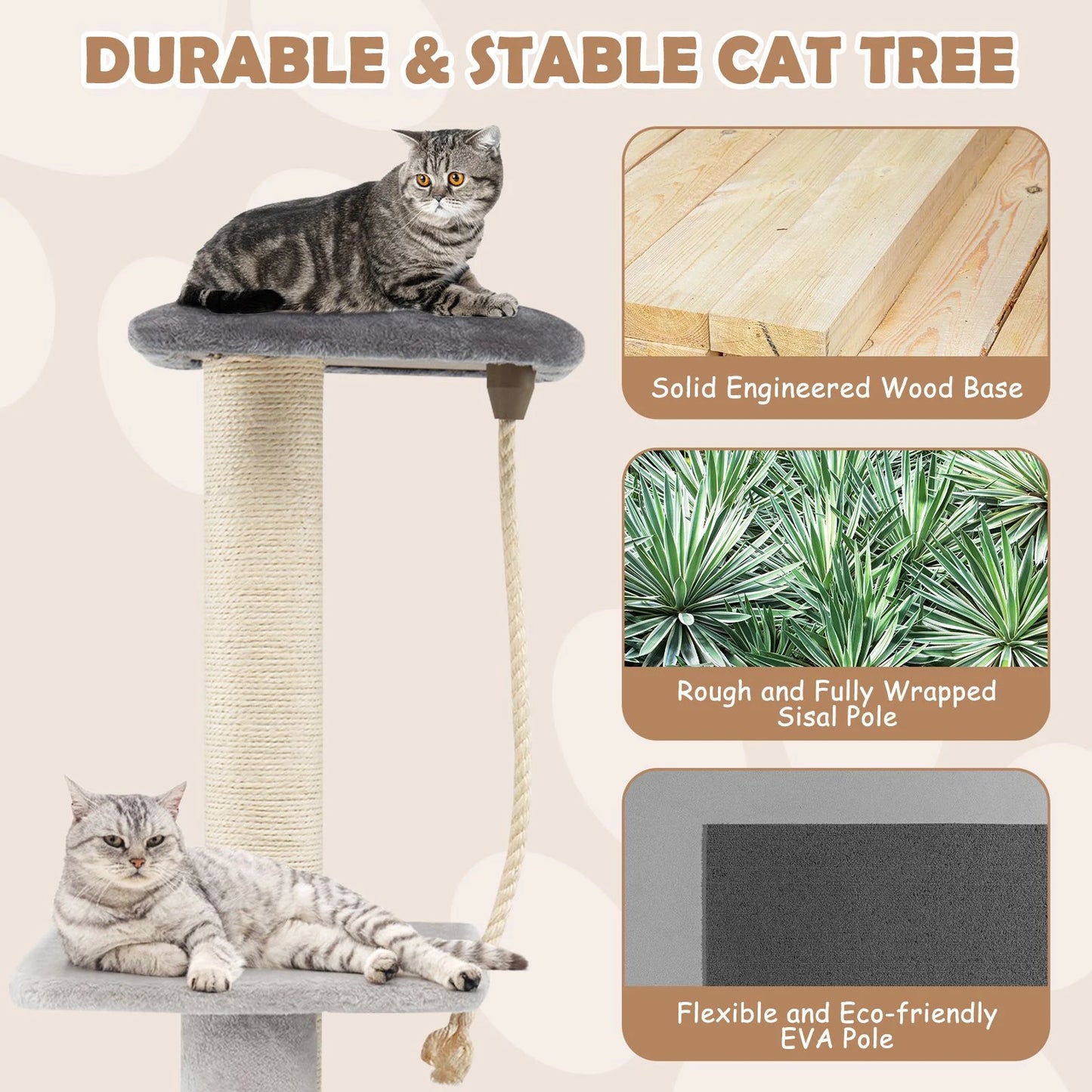 Multi-Level Kitty Condo Climbing Tower with Groom Brush and Sisal Rope