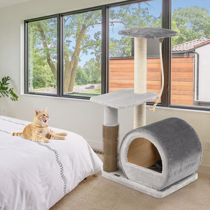 Multi-Level Kitty Condo Climbing Tower with Groom Brush and Sisal Rope