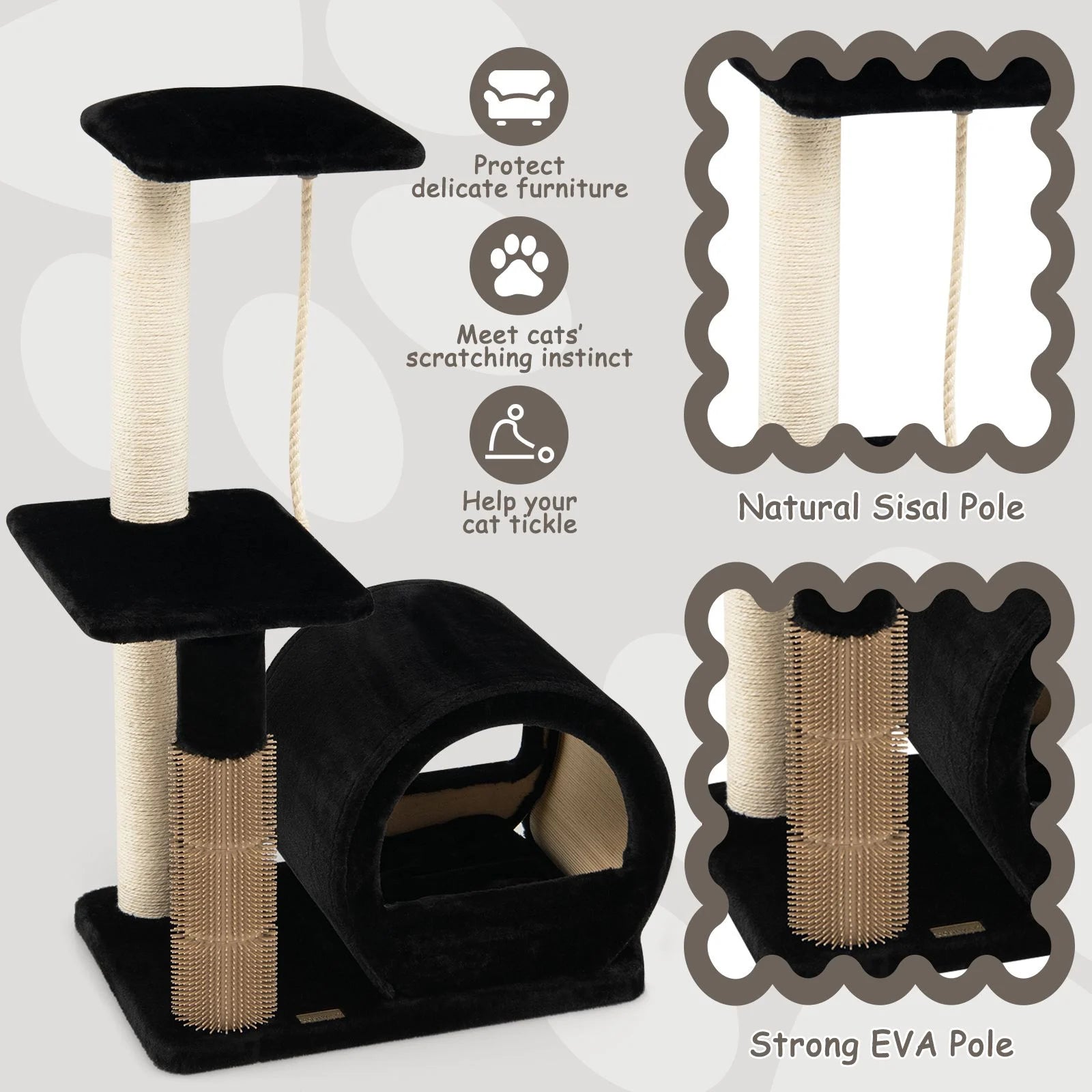 Multi-Level Kitty Condo Climbing Tower with Groom Brush and Sisal Rope