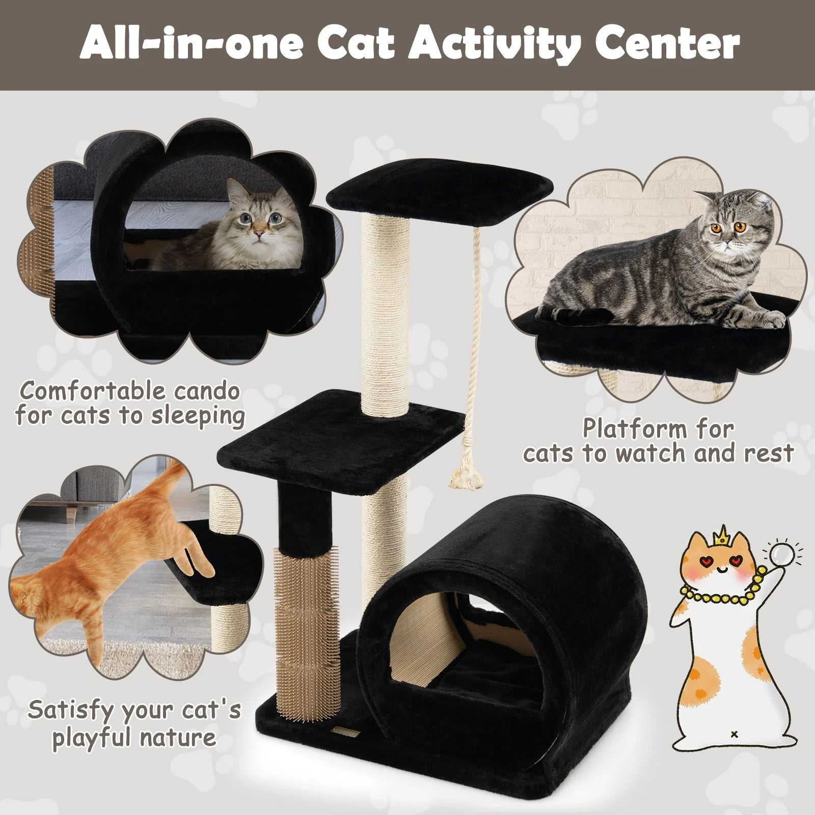 Multi-Level Kitty Condo Climbing Tower with Groom Brush and Sisal Rope