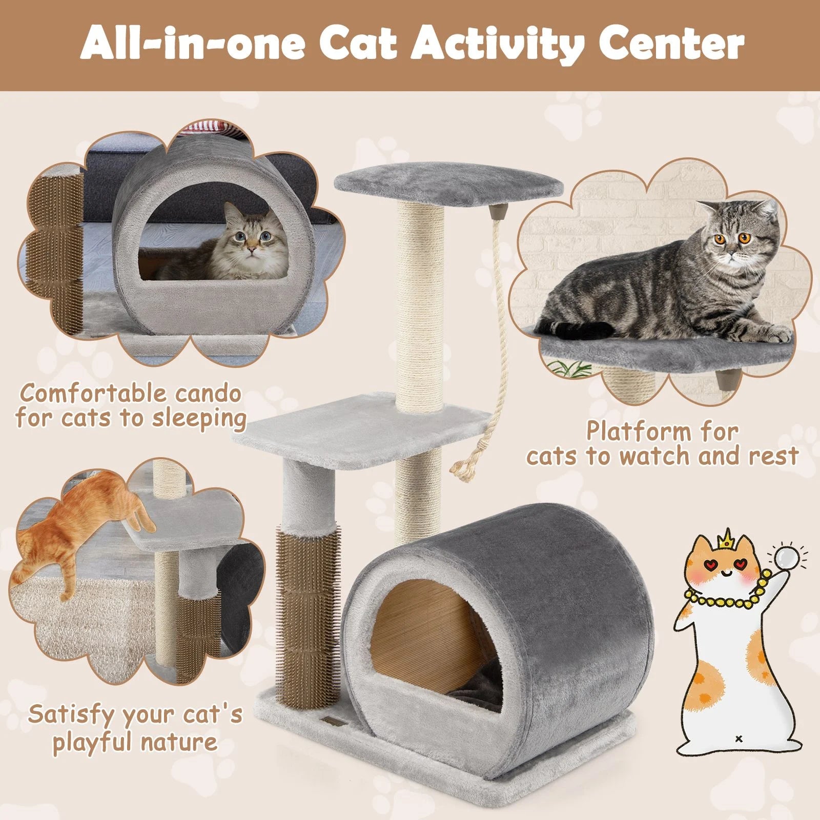 Multi-Level Kitty Condo Climbing Tower with Groom Brush and Sisal Rope