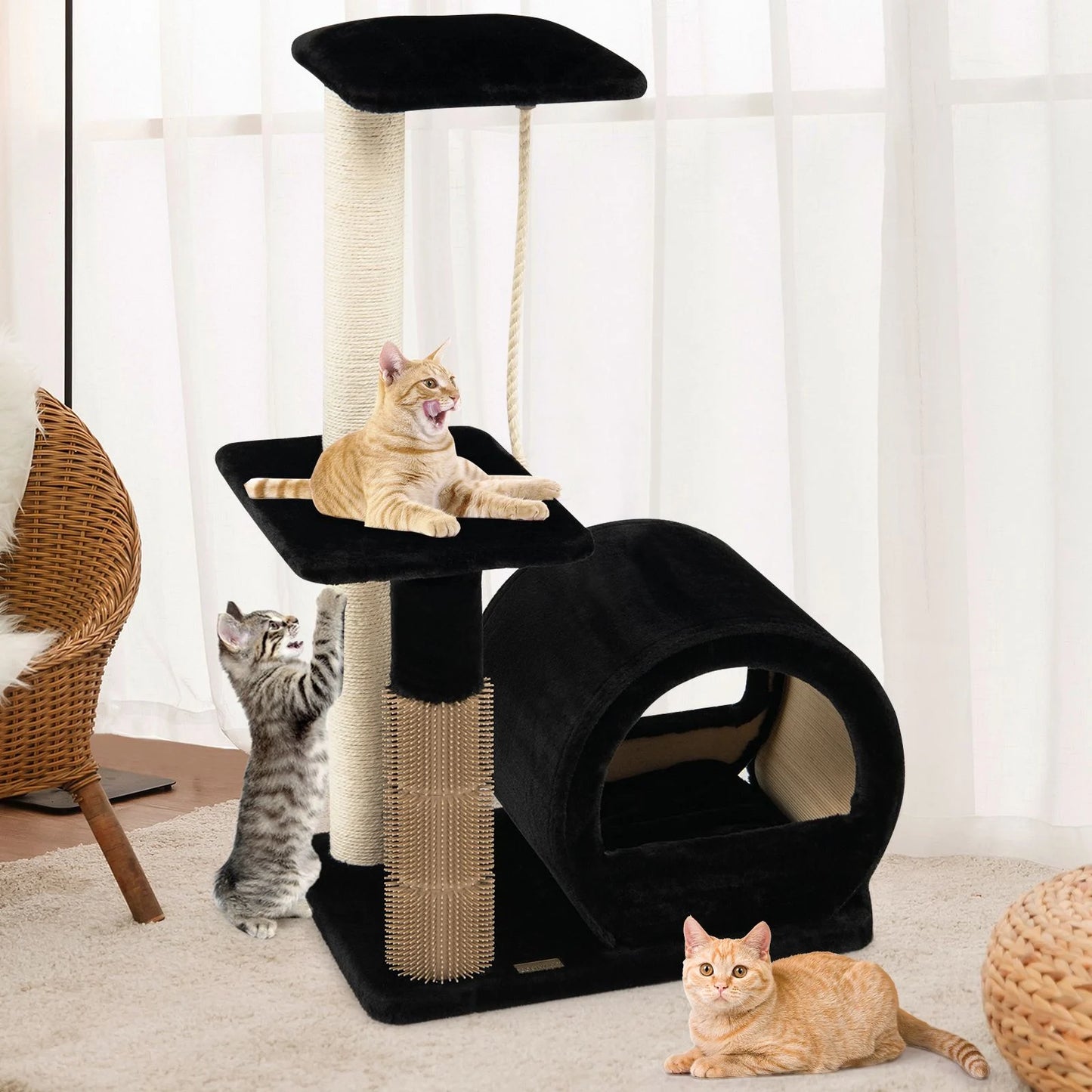 Multi-Level Kitty Condo Climbing Tower with Groom Brush and Sisal Rope