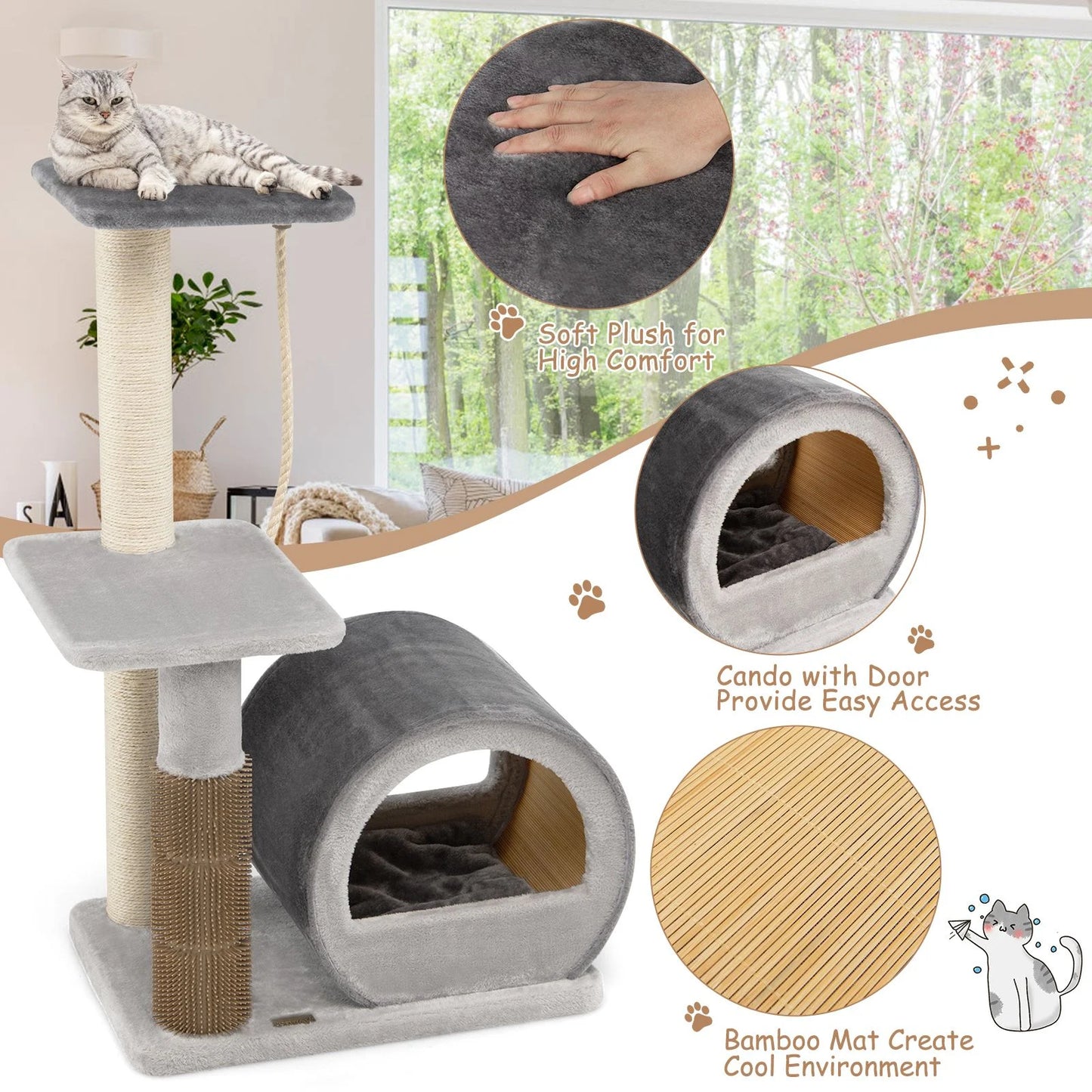 Multi-Level Kitty Condo Climbing Tower with Groom Brush and Sisal Rope