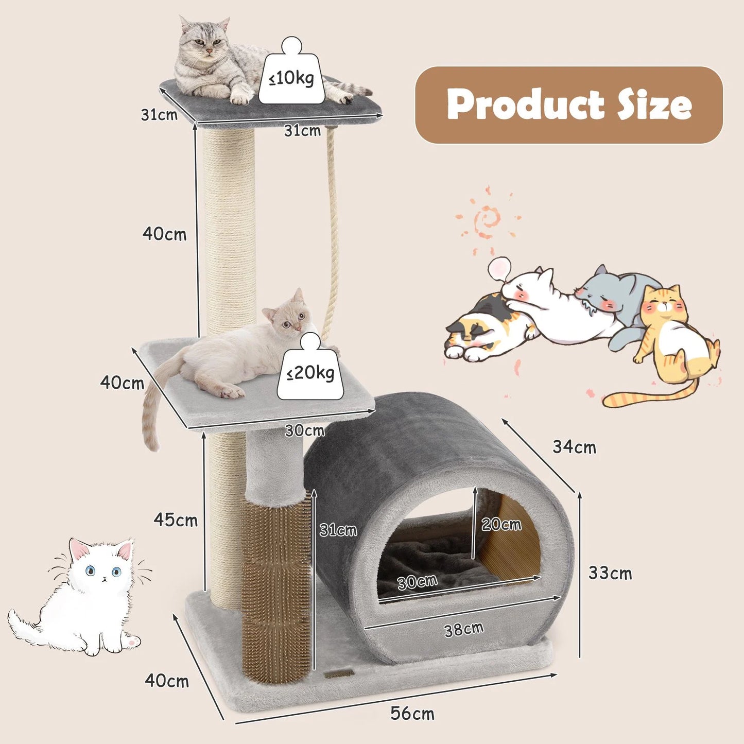 Multi-Level Kitty Condo Climbing Tower with Groom Brush and Sisal Rope