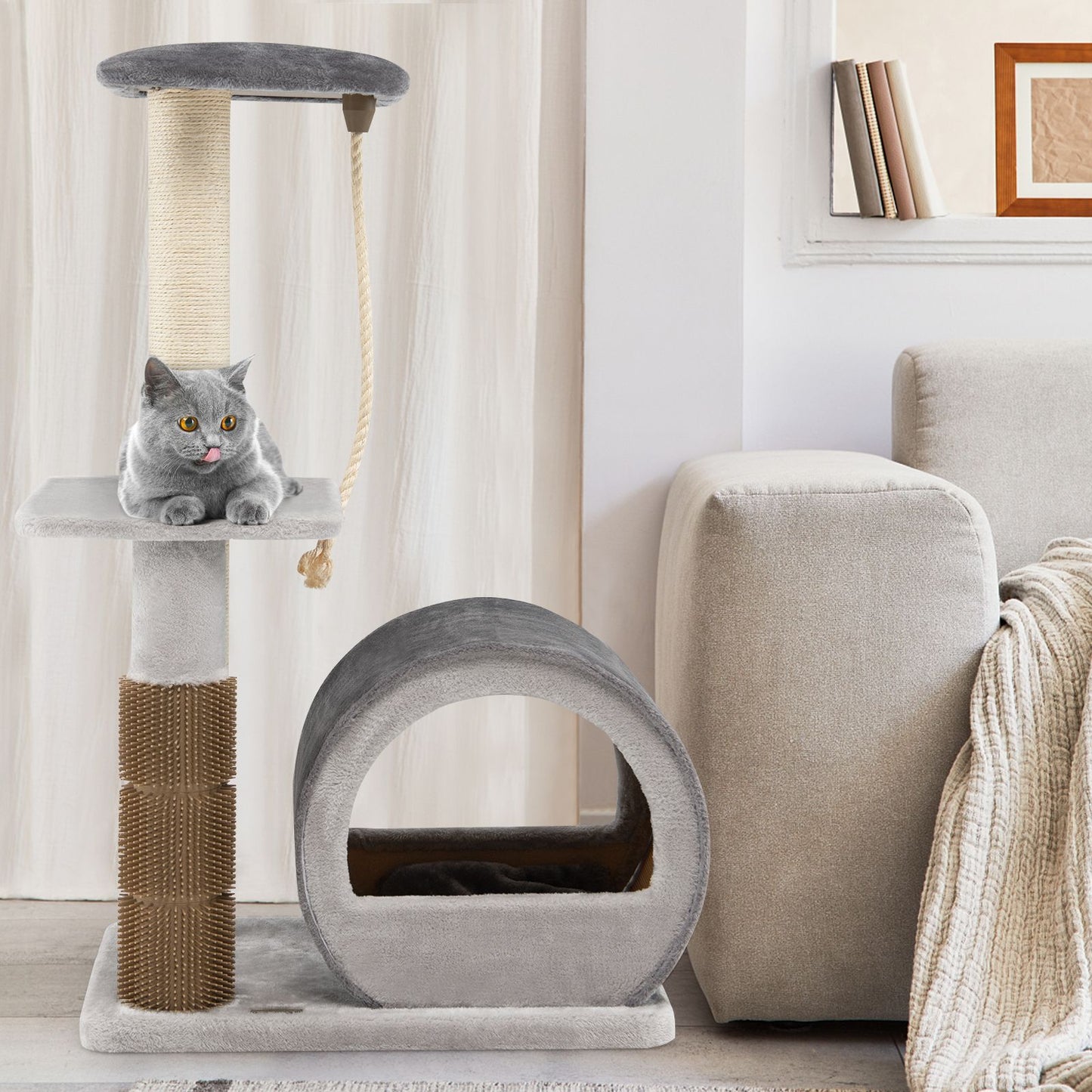 Multi-Level Kitty Condo Climbing Tower with Groom Brush and Sisal Rope