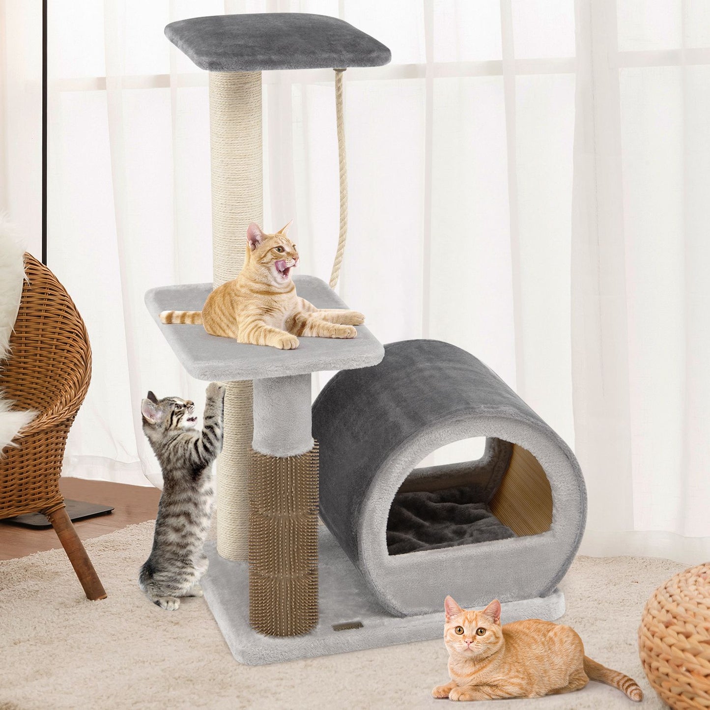 Multi-Level Kitty Condo Climbing Tower with Groom Brush and Sisal Rope