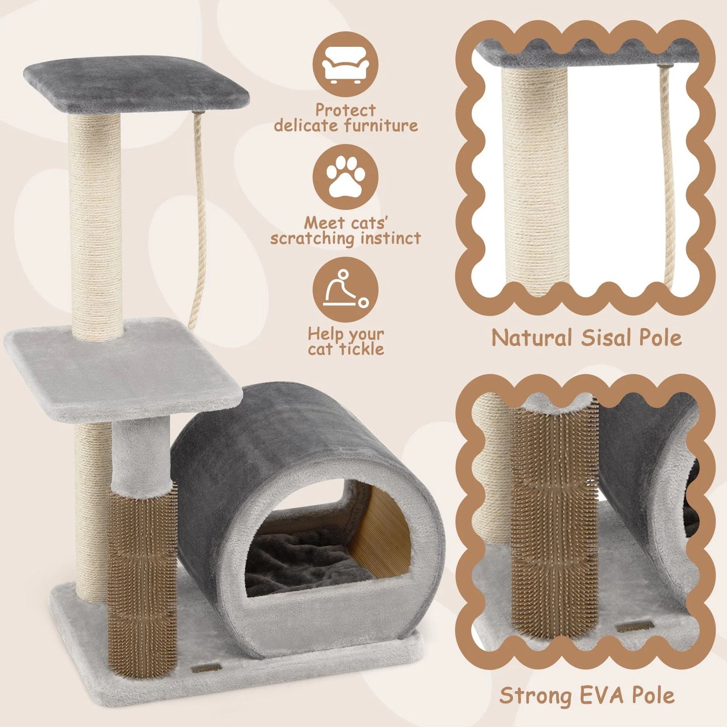 Multi-Level Kitty Condo Climbing Tower with Groom Brush and Sisal Rope